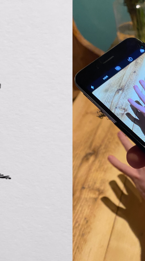 A single traced line on the left, and three representations of a hand through a camera phone on the right.