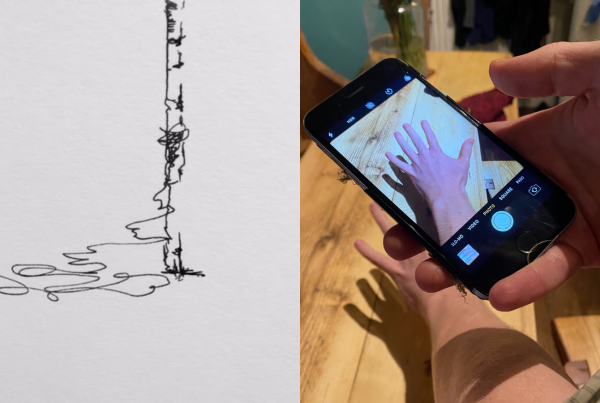 A single traced line on the left, and three representations of a hand through a camera phone on the right.